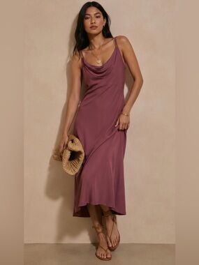 Anthropologie Dusty Mauve Cowl Neck Slip Midi Dress